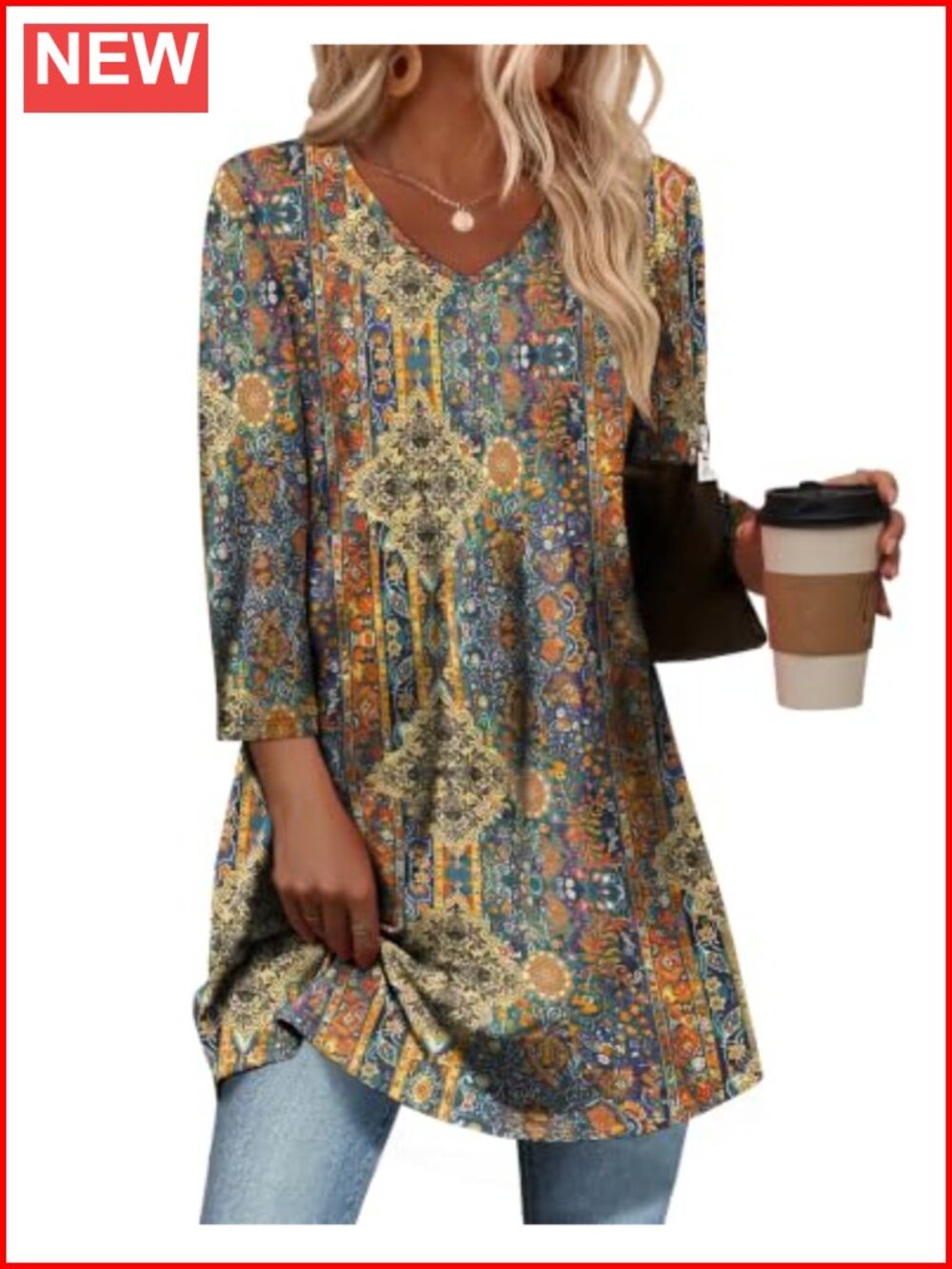 Women's Plus Size Floral 3/4 Sleeve V-Neck Tunic Top – Stretchy Soft Casual